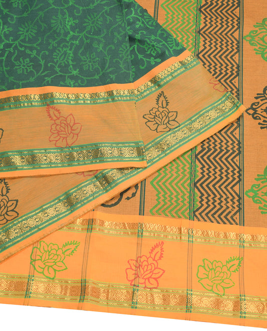Sushila Vintage Green Saree Pure Cotton Silk Hand Block & Zari Woven Sari Craft Fabric
