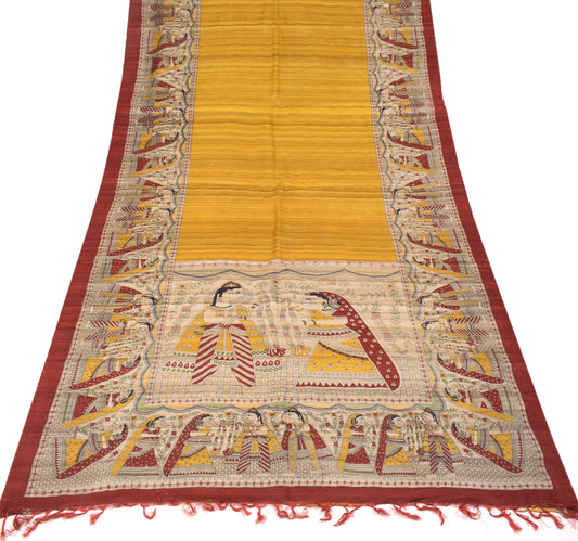 Sushila Vintage Pure Tussar Ghicha Silk Sari Madhubani-Printed Mustard Saree 6YD Fabric