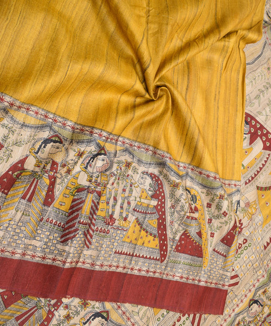 Sushila Vintage Pure Tussar Ghicha Silk Sari Madhubani-Printed Mustard Saree 6YD Fabric