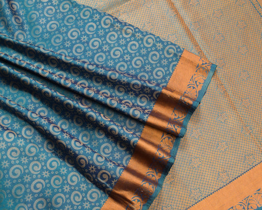 Sushila Vintage Teal Green Dual Toned Saree Zari Brocade Pure Silk Sari Fabric
