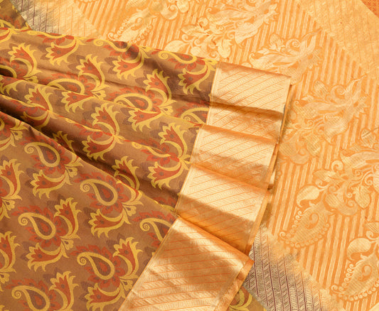 Sushila Vintage Kanchipuram Mustard Saree Pure Silk HEAVY Gold Zari Sari Fabric
