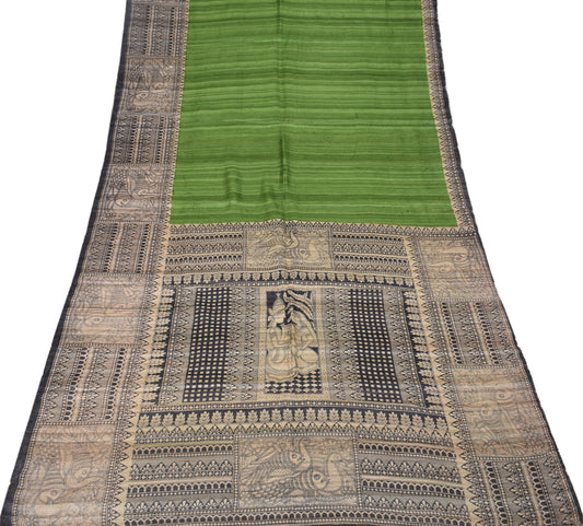 Sushila Vintage Pure Tussar Ghicha Silk Sari Madhubani-Printed Green Saree Fabric