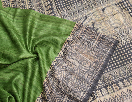 Sushila Vintage Pure Tussar Ghicha Silk Sari Madhubani-Printed Green Saree Fabric