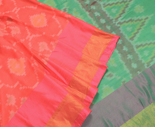 Sushila Vintage Orange Art Silk Saree Pochampally Ikat Dual Toned Sari Soft Fabric