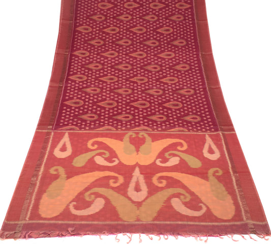 Sushila Vintage Maroon Saree Pochampally Ikat Pure Cotton Silk Sari Craft Fabric