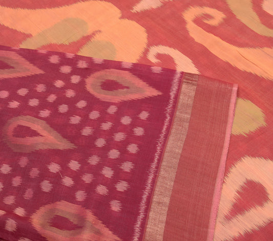 Sushila Vintage Maroon Saree Pochampally Ikat Pure Cotton Silk Sari Craft Fabric