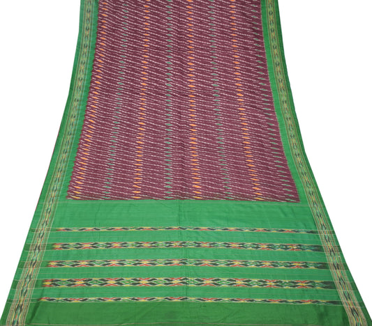 Sushila Vintage Maroon Green Saree Hand Woven Ikat pure Silk Sari Soft Fabric