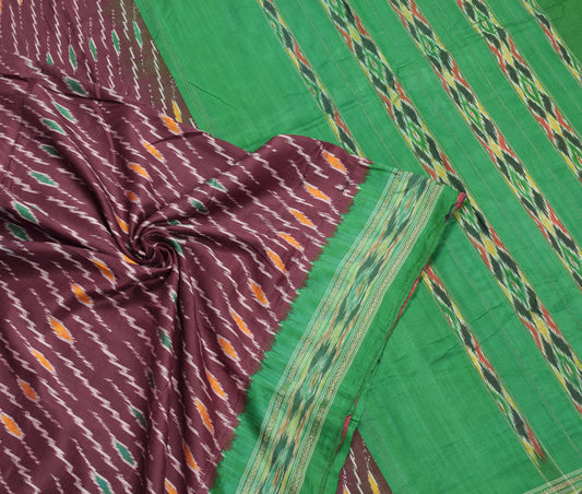 Sushila Vintage Maroon Green Saree Hand Woven Ikat pure Silk Sari Soft Fabric