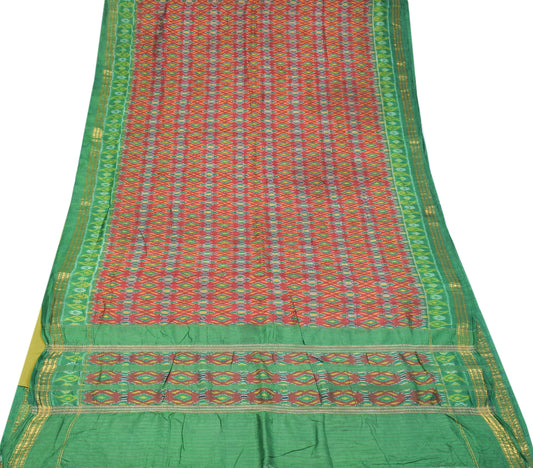 Sushila Vintage Maroon Green Saree Hand Woven Ikat Pure Silk Soft Sari Fabric