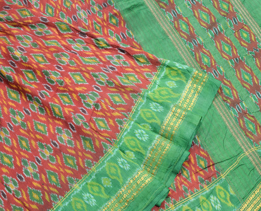Sushila Vintage Maroon Green Saree Hand Woven Ikat Pure Silk Soft Sari Fabric