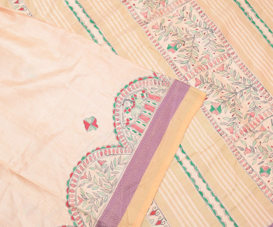 Sushila Vintage Hand-Painted Madhubani Saree Pure Tussar silk Beige Sari Craft Fabric