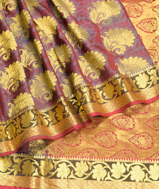 Sushila Vintage Gray Gold Zari Saree Kanchipuram Pure Silk HEAVY Sari Fabric
