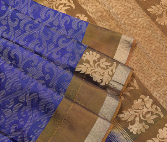 Sushila Vintage Blue Saree Contrast Border Pallu Pure Silk Zari Woven Sari Fabric