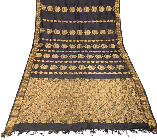 Sushila Vintage HEAVY Kanjivaram Saree Pure Silk Gold Zari Black Sari Fabric