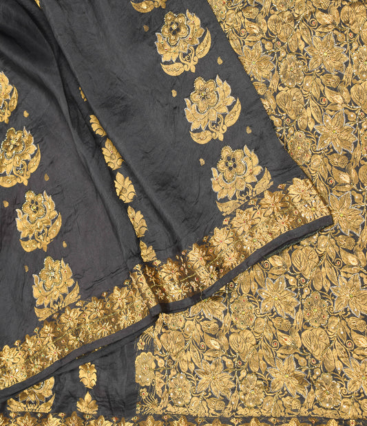 Sushila Vintage HEAVY Kanjivaram Saree Pure Silk Gold Zari Black Sari Fabric