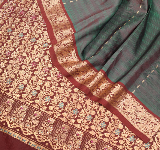 Sushila Vintage Green Kanjivaram Saree Pure Silk Gold Zari Woven Sari Fabric