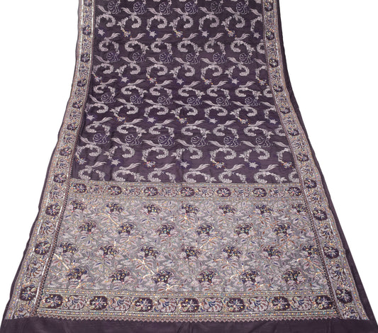 Sushila Vintage HEAVY Purple Saree Pure Silk Woven & Hand Beaded Sari Fabric