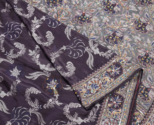 Sushila Vintage HEAVY Purple Saree Pure Silk Woven & Hand Beaded Sari Fabric