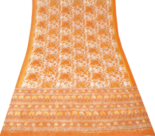 Sushila Vintage White Kota Doria Saree Printed Floral Art Cotton Silk Sari Craft Fabric
