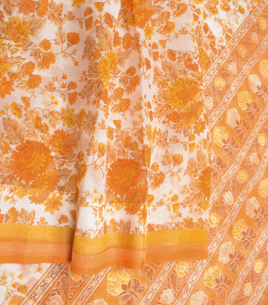Sushila Vintage White Kota Doria Saree Printed Floral Art Cotton Silk Sari Craft Fabric