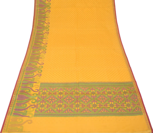 Sushila Vintage Yellow Woven Saree Handloom Pure Cotton Silk Kota Sari Craft Fabric