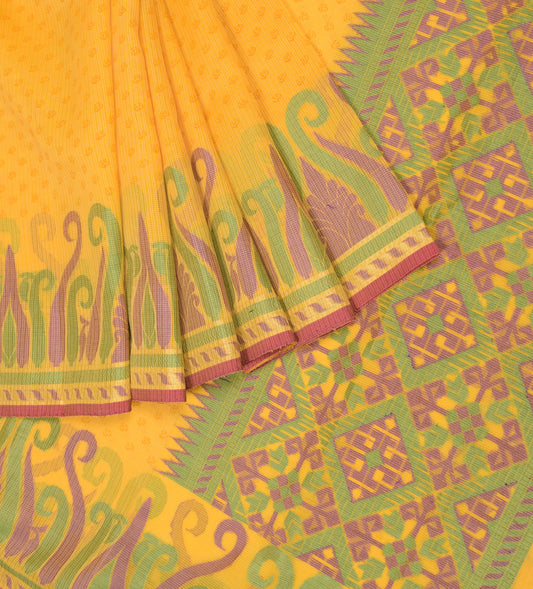 Sushila Vintage Yellow Woven Saree Handloom Pure Cotton Silk Kota Sari Craft Fabric