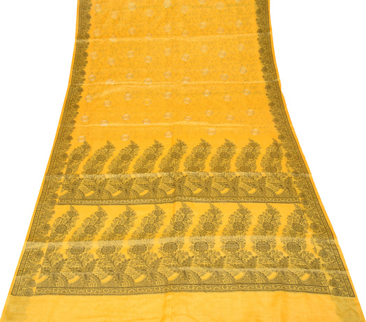 Sushila Vintage Yellow Floral Saree pure Tussar Silk Woven Soft Sari Craft Fabric