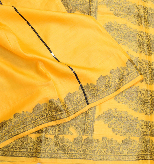 Sushila Vintage Yellow Floral Saree pure Tussar Silk Woven Soft Sari Craft Fabric