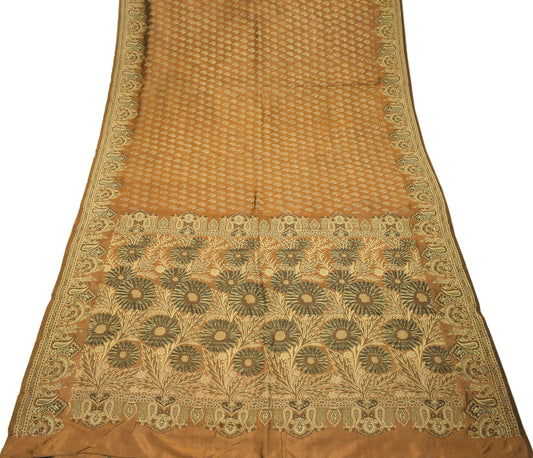 Sushila Vintage Brown Gold Toned Saree Hand Woven Pure Silk Sari 6YD Craft Fabric