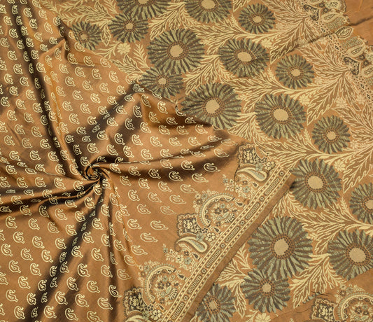 Sushila Vintage Brown Gold Toned Saree Hand Woven Pure Silk Sari 6YD Craft Fabric