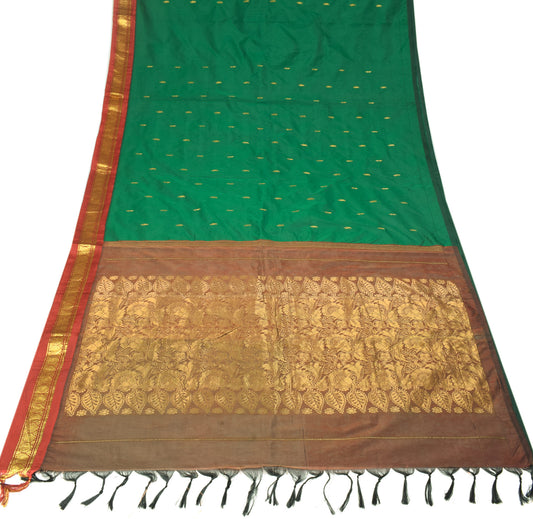 Sushila Vintage Green Kanchipuram Saree Art Silk Red Border Pallu Sari Craft Fabric