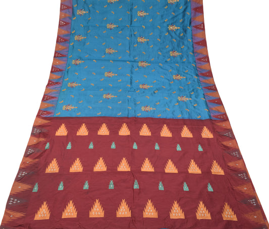 Sushila Vintage Embroidered Saree Temple Border Blue Pure Silk Sari Craft Fabric