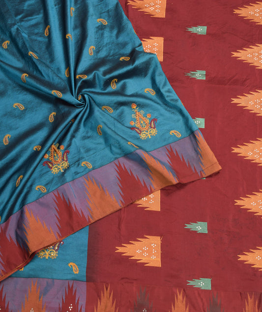 Sushila Vintage Embroidered Saree Temple Border Blue Pure Silk Sari Craft Fabric
