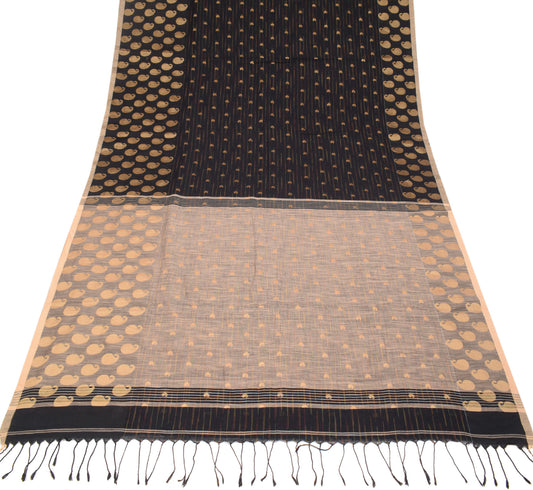 Sushila Vintage Black Beige Saree Paisley Woven Art Cotton 6YD Sari Craft Fabric