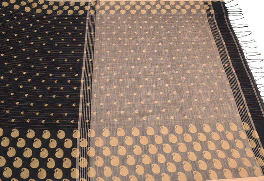 Sushila Vintage Black Beige Saree Paisley Woven Art Cotton 6YD Sari Craft Fabric