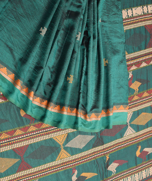 Sushila Vintage Teal Green Sari kanchi Pure Silk Cotton Bomkai Thread Work Pallu Saree