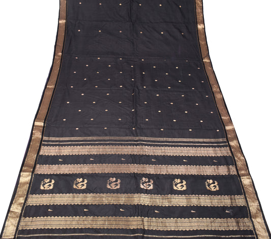 Sushila Vintage Black Saree Gold Zari Brocade Pure kanchi Pattu Silk Sari Craft Fabric