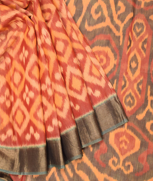Sushila Vintage Red Saree Pure Cotton Silk Pochampally Ikat Sari Craft Fabric