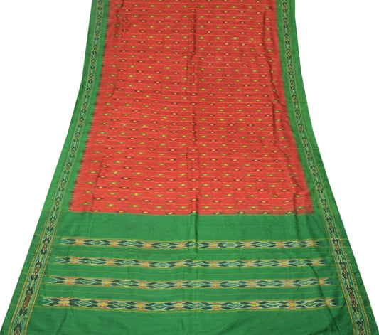 Sushila Vintage Dark Rust Saree Hand Woven Ikat Pure Silk Soft Sari Craft Fabric