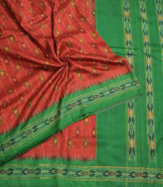 Sushila Vintage Dark Rust Saree Hand Woven Ikat Pure Silk Soft Sari Craft Fabric