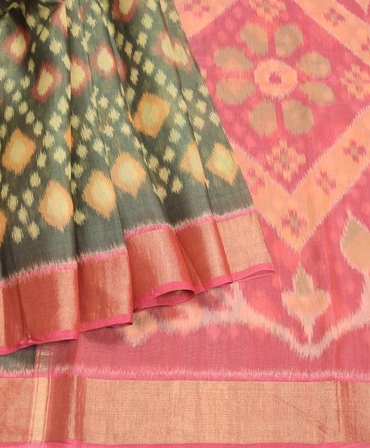 Sushila Vintage Black Green Saree Pochampallay Ikat Pure Cotton Silk Sari Fabric