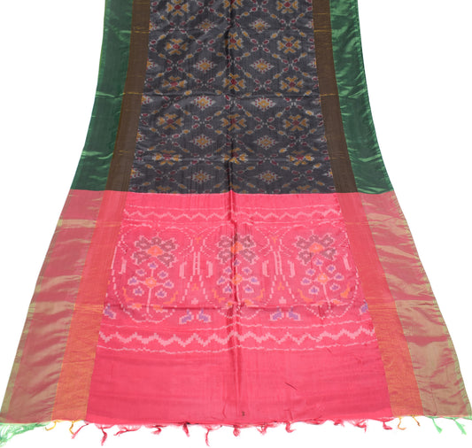 Sushila Vintage Pochampally Ikkat Saree Hand Woven Pure Silk Black Sari Fabric