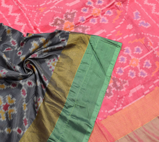 Sushila Vintage Pochampally Ikkat Saree Hand Woven Pure Silk Black Sari Fabric