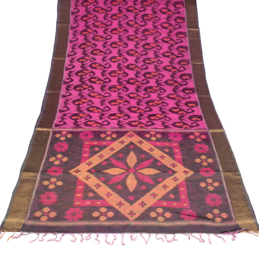 Sushila Vintage Magenta Saree Pure Cotton Silk Pochampally Ikat Sari Craft Fabric
