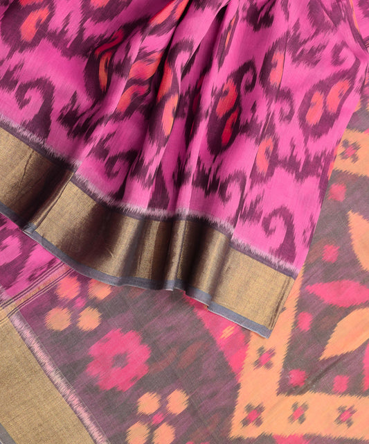 Sushila Vintage Magenta Saree Pure Cotton Silk Pochampally Ikat Sari Craft Fabric