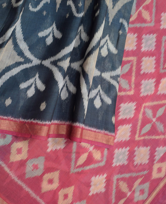 Sushila Vintage Greyish Blue Saree Pochampally Woven Ikat Pure Cotton Silk Sari Fabric