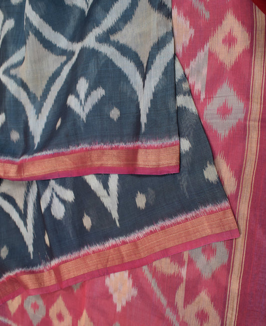Sushila Vintage Greyish Blue Saree Pochampally Woven Ikat Pure Cotton Silk Sari Fabric