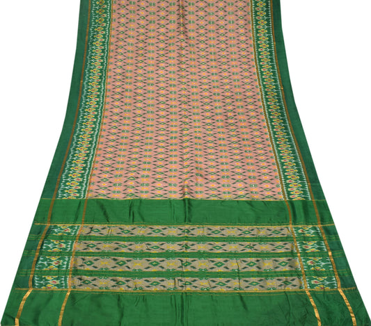 Sushila Vintage Pink Green Saree Hand Woven Ikat Pure Silk Sari Soft Fabric