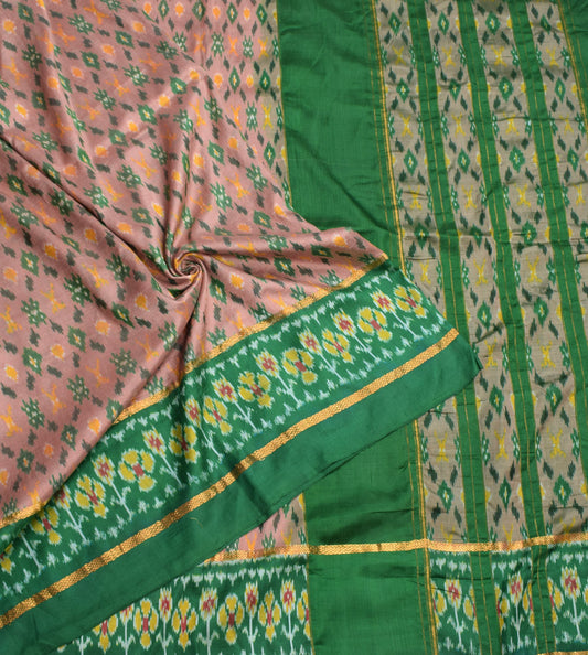 Sushila Vintage Pink Green Saree Hand Woven Ikat Pure Silk Sari Soft Fabric