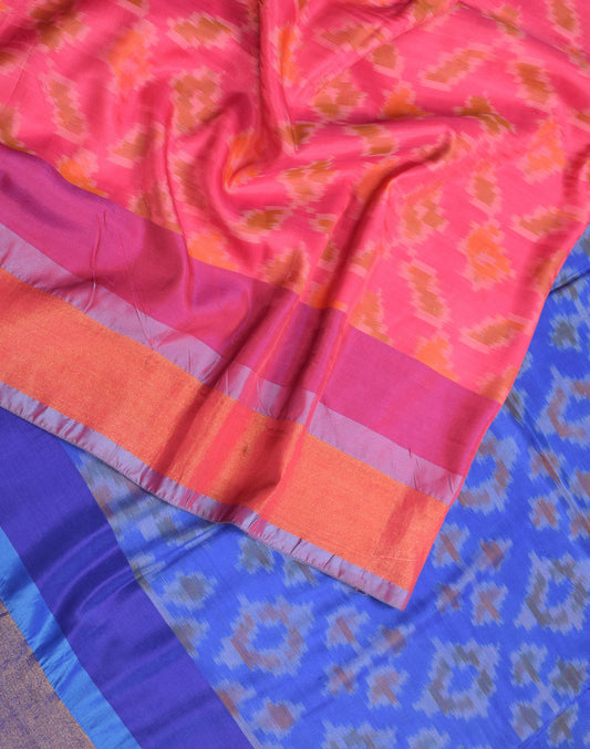 Sushila Vintage Magenta Blue Saree Art Silk Ikat Pochampally Sari Craft Fabric
